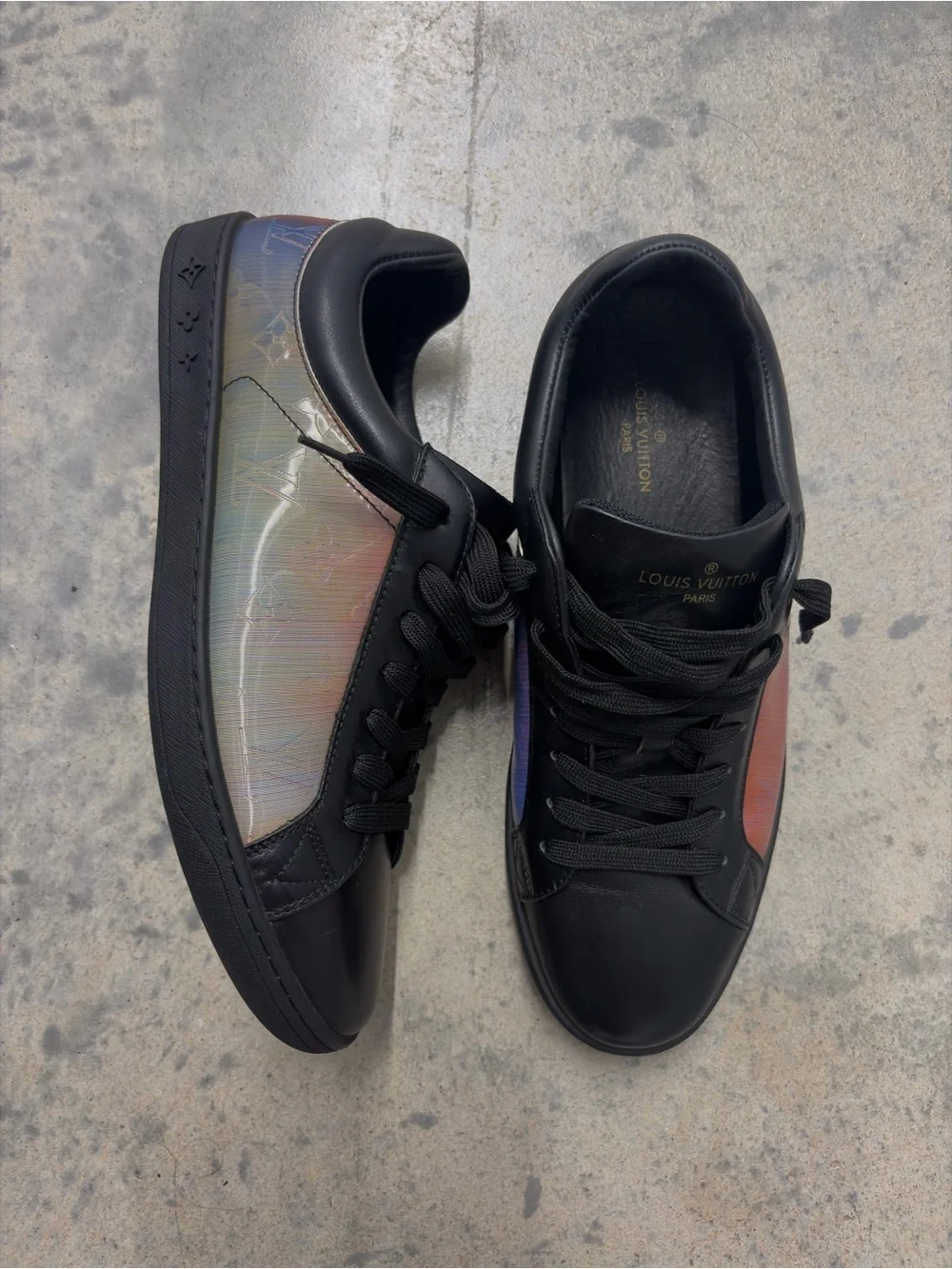 Louis Vuitton Black Leather Low-Top Sneakers with Iridescent Panels - Picture 1 of 8